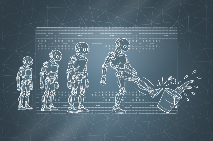 Four illustrated robots line up to kick a bucket.