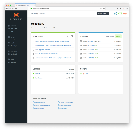 SiteHost control panel screenshot - main page.