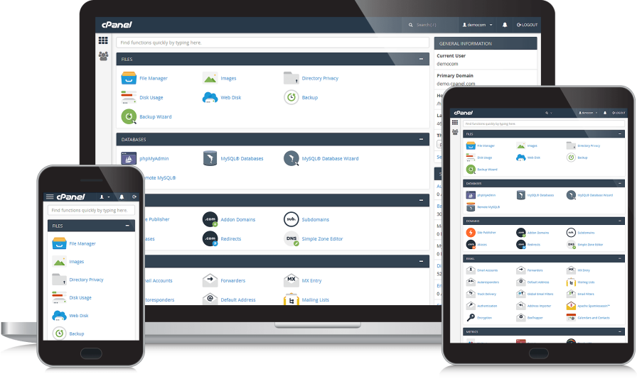 cPanel interface on three different screens.
