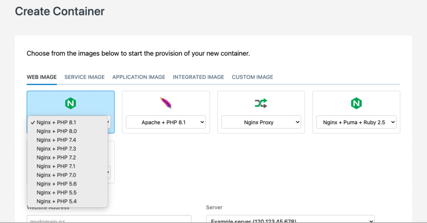 SiteHost control panel screenshot - Create Cloud Container.