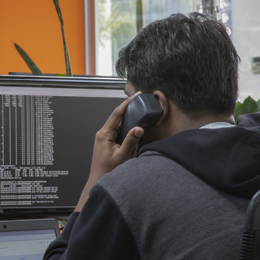 A SiteHost support team member talking with a customer and analysing code.