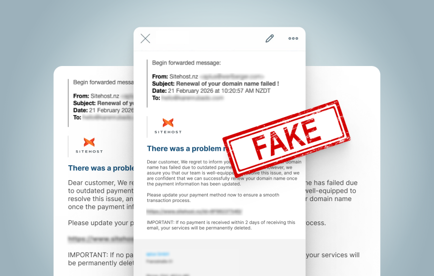 Screenshot of the fraudulent email, with a red FAKE banner displayed on top of it.