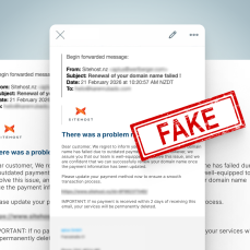 Screenshot of the fraudulent email, with a red FAKE banner displayed on top of it.